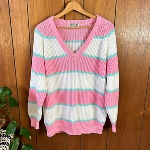 MESSAGES Pink White Teal Striped‎ V Neck Acrylic Sweater Large
